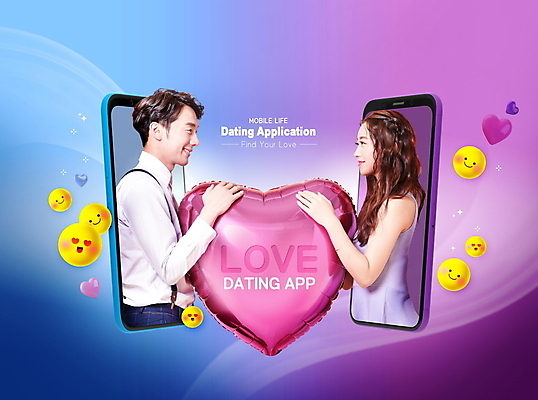 PSD 편집이미지 여자 남자 데이트 모바일 스마트라이프 사랑 미소 들기 상반신 20대 성인 두명 파란색 스마트폰 마주보기 보라색 만남 한국인 하트 잡기 어플리케이션 스마트 하트풍선 온라인 이모티콘 소개팅 성인만 이미지편집 모양 라이프스타일 감정 컬러 컨셉 모션 표정 사람 동양인 청년 핸드폰 스마트기기 풍선 파일형식