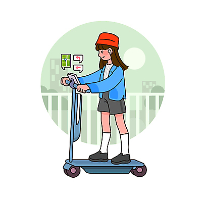전신 응시 여자 이동 말풍선 일러스트 한명 서기 성인 초록색 스마트폰 잡기 승차 서비스 길안내 네비게이션 편리함 무선이어폰 성인여자한명만 스마트모빌리티 전동퀵보드 MZ세대 국내일러스트 AI파일 1 시선 육상교통 컬러 이어폰 컨셉 모션 안내 사람 핸드폰 스마트기기 세대 퀵보드 여자한명만 성인여자만 파일형식 벡터 모빌리티