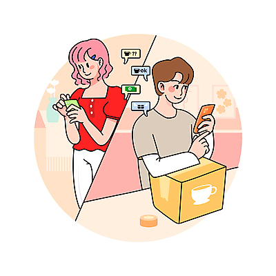 여자 남자 분홍색 일러스트 들기 상반신 성인 두명 스마트폰 상자 판매 구매 상인 고객 약속 테이프 문자메시지 중고 채팅 성인만 중고거래 MZ세대 국내일러스트 AI파일 컬러 모션 문구용품 사람 핸드폰 스마트기기 쇼핑 거래 메시지 세대 파일형식 벡터