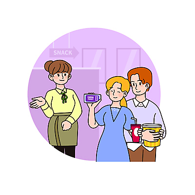 커플 여자 남자 일러스트 모바일 웃음 들기 상반신 성인 세명 스마트폰 보라색 영화관 종업원 고객 영화 직원 콜라 팝콘 보여주기 온라인 편리함 영화티켓 성인만 MZ세대 국내일러스트 AI파일 직업 컬러 컨셉 관계 모션 문화예술 표정 사람 핸드폰 스마트기기 티켓 극장 탄산음료 세대 파일형식 벡터