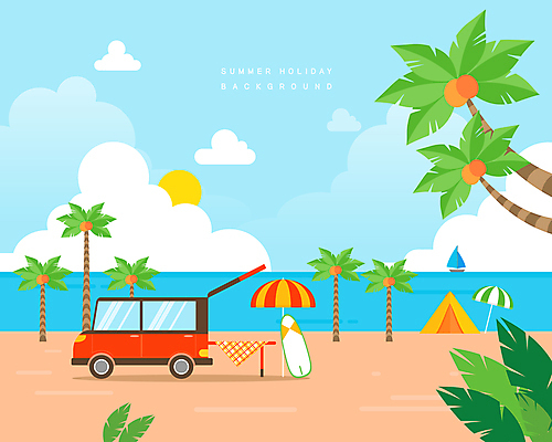 구름 바다 요트 일러스트 텐트 풍경 해변 사람없음 여름 여름휴가 바캉스 야자수 태양 여름풍경 캠핑 파라솔 서핑보드 서핑 플랫 야외테이블 차박 국내일러스트 AI파일 자연요소 나무 계절 배_교통 탁자 레저 휴가 캠핑도구 수상스포츠 보드_스포츠 파일형식 벡터 여름_계절