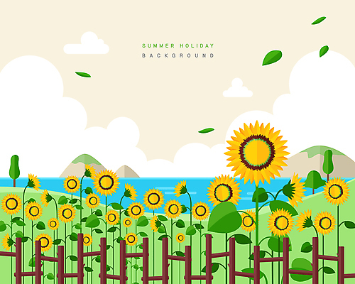 구름 바다 섬 일러스트 나뭇잎 해바라기 풍경 초원 사람없음 여름 여름휴가 바캉스 울타리 여름풍경 플랫 국내일러스트 AI파일 자연요소 계절 꽃 잎 휴가 담장 파일형식 벡터 여름_계절