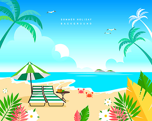 꽃 바다 일러스트 탁자 갈매기 해변 사람없음 여름 여름휴가 바캉스 야자수 여름풍경 게 파라솔 열대잎 국내일러스트 AI파일 나무 식물 계절 가구 잎 조류 휴가 갑각류 풍경 파일형식 벡터 여름_계절