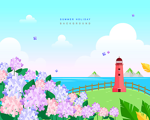 구름 바다 섬 일러스트 나뭇잎 등대 풍경 사람없음 여름 여름휴가 바캉스 여름풍경 언덕 수국 국내일러스트 AI파일 자연요소 계절 꽃 잎 휴가 파일형식 벡터 여름_계절