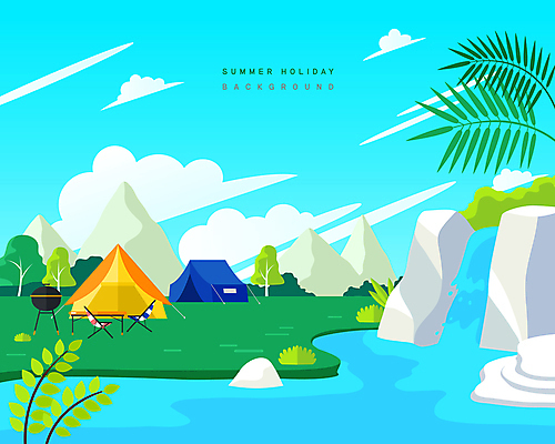 나무 구름 일러스트 나뭇잎 산 텐트 풍경 사람없음 여름 파란색 여름휴가 바캉스 강 계곡 여름풍경 캠핑 그릴 야외테이블 캠핑의자 국내일러스트 AI파일 자연요소 식물 계절 컬러 잎 의자 탁자 주방용품 레저 휴가 캠핑도구 파일형식 벡터 여름_계절