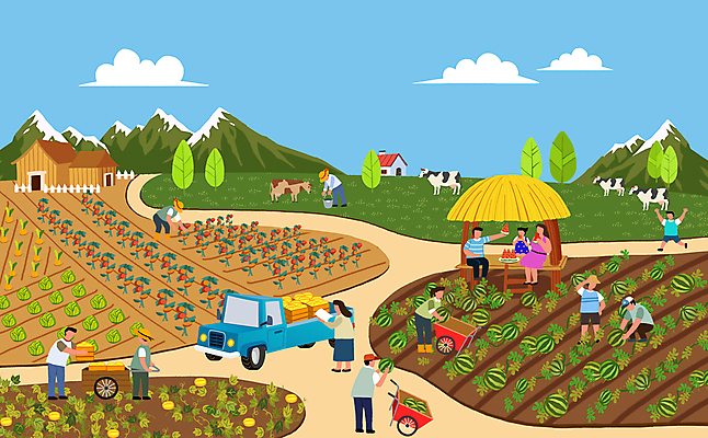 PSD 여자 남자 어린이 토마토 일러스트 하늘 산 수박 주택 서기 앉기 소녀 소년 여러명 성인 달리기 농장 수레 목장 트럭 농부 먹기 젖소 참외 원두막 농촌체험 수박밭 외발수레 참외밭 토마토밭 국내일러스트 직업 다수 밭 농업 채소 과일 모션 자동차 사람 건물 카트 체험학습 소 파일형식