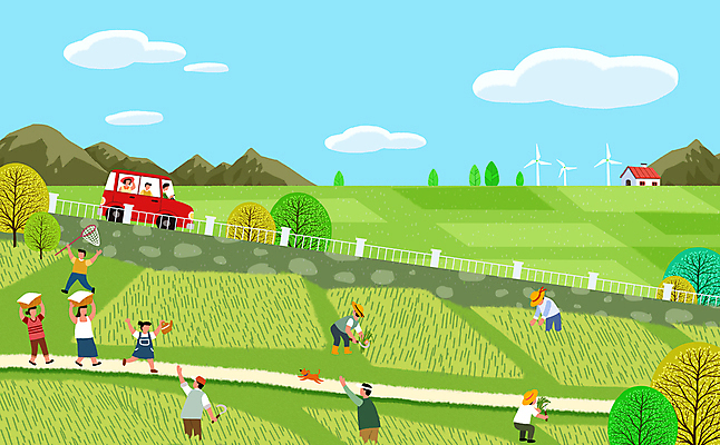 PSD 나무 구름 여자 남자 어린이 일러스트 자동차 산 주택 들기 소녀 소년 여러명 성인 울타리 달리기 농사 풍차 수확 벼 농촌 운반 강아지 농부 채집망 농촌체험 밭일 새참 국내일러스트 자연요소 식물 직업 육상교통 다수 농업 모션 곡류 사람 건물 담장 반려동물 시골 체험학습 개 파일형식