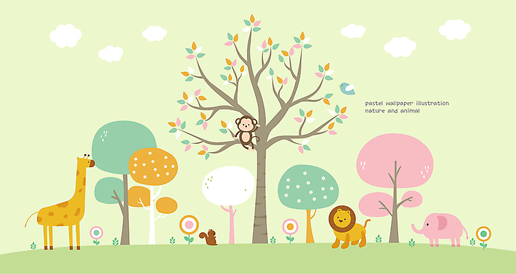 나무 동물 구름 꽃 백그라운드 일러스트 자연 벽지 코끼리 사람없음 연두색 원숭이 사자 기린 다람쥐 와이드컷 국내일러스트 AI파일 자연요소 식물 포유류 초록색 설치류 생태계 파일형식 벡터