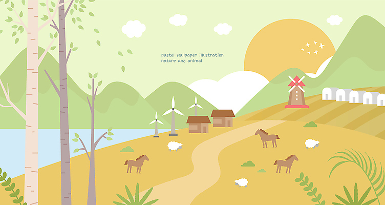 나무 식물 구름 백그라운드 일러스트 자연 벽지 나뭇잎 산 주택 사람없음 연두색 태양 노란색 풍차 농촌 시골 양 말_동물 풍력에너지 비닐하우스 와이드컷 국내일러스트 AI파일 자연요소 컬러 잎 농업 포유류 건물 초록색 그린에너지 생태계 파일형식 벡터