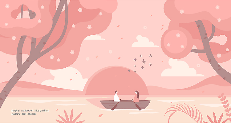 나무 커플 여자 남자 꽃 호수 분홍색 백그라운드 일러스트 자연 벽지 산 성인 사람없음 두명 태양 마주보기 봄 벚꽃 나룻배 새떼 성인만 와이드컷 국내일러스트 AI파일 자연요소 식물 계절 컬러 배_교통 관계 모션 조류 사람 생태계 파일형식 벡터