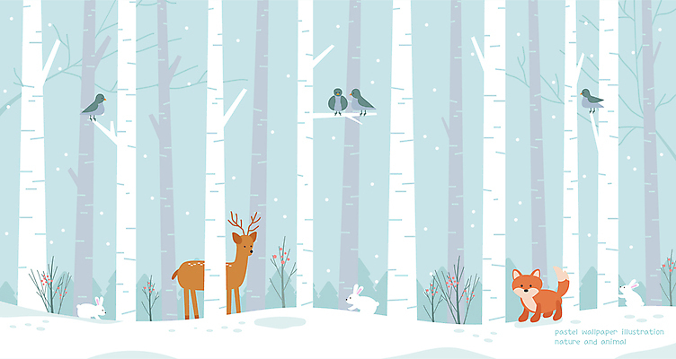 나무 하늘색 백그라운드 일러스트 자연 벽지 조류 사슴 사람없음 눈 토끼 여우 와이드컷 국내일러스트 AI파일 자연요소 식물 동물 포유류 날씨 파란색 반려동물 생태계 파일형식 벡터