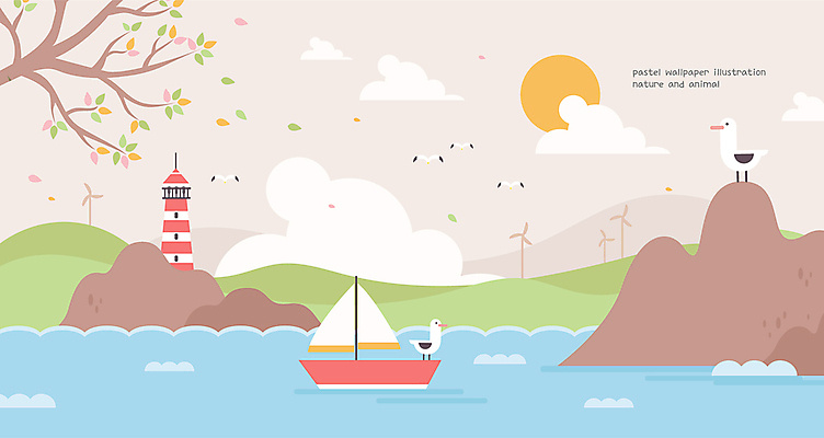 나무 구름 바다 백그라운드 두마리 일러스트 자연 벽지 갈매기 등대 사람없음 태양 바위 언덕 선박 와이드컷 국내일러스트 AI파일 자연요소 식물 수상교통 2 조류 돌_바위 생태계 파일형식 벡터