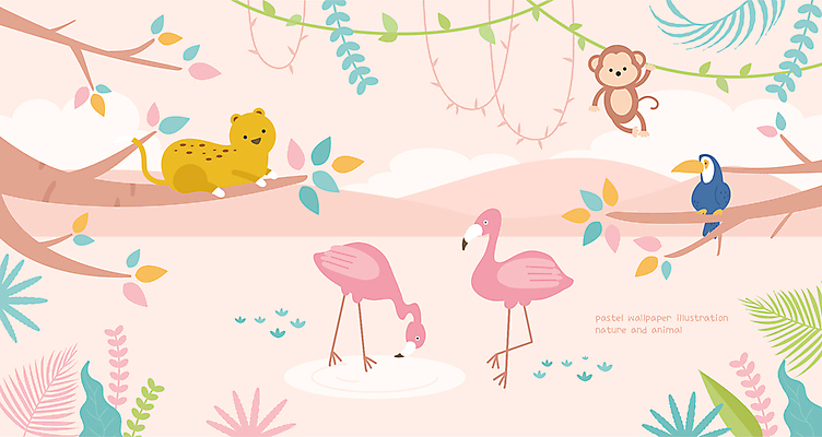 야생동물 분홍색 백그라운드 일러스트 자연 벽지 열대 사람없음 나뭇가지 원숭이 덩굴 플라밍고 앵무새 표범 열대잎 와이드컷 국내일러스트 AI파일 나무 식물 동물 컬러 잎 포유류 조류 생태계 파일형식 벡터