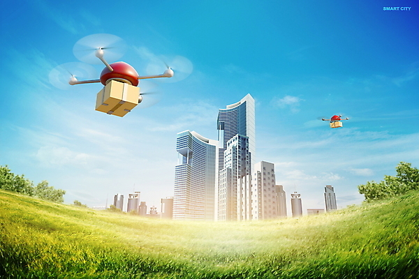 PSD 편집이미지 하늘 빌딩 잔디 사람없음 건물 파란색 고층빌딩 도시 스마트 배송 택배 택배상자 드론 이미지편집 식물 건축물 컬러 컨셉 상자 운송업 파일형식