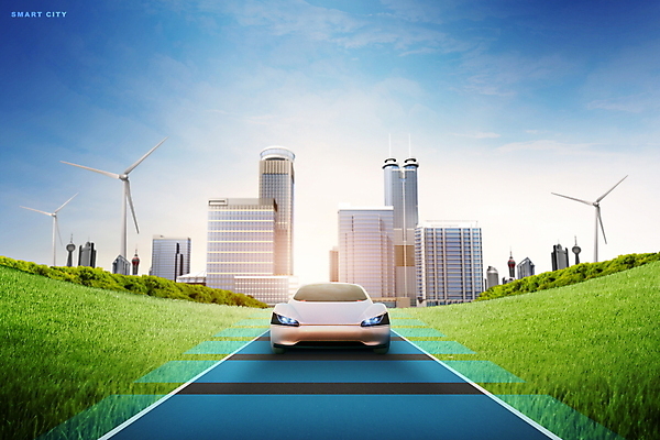 PSD 편집이미지 도로 자동차 하늘 빌딩 잔디 사람없음 건물 파란색 도시 스마트 풍력기 전기자동차 이미지편집 식물 건축물 길 육상교통 컬러 컨셉 교통시설 풍력에너지 파일형식
