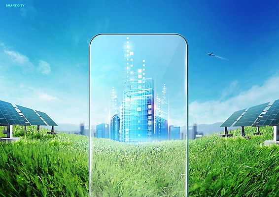 PSD 편집이미지 하늘 모바일 비행기 프레임 빌딩 잔디 사람없음 건물 파란색 스마트폰 도시 스마트 태양에너지 집열판 가상공간 홀로그램 이미지편집 식물 건축물 컬러 컨셉 항공교통 대중교통 핸드폰 스마트기기 그린에너지 파일형식