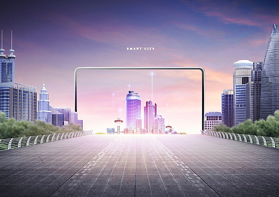 PSD 편집이미지 하늘 프레임 빌딩 사람없음 건물 빛 스마트폰 태블릿 보라색 고층빌딩 도시 스마트 가상공간 홀로그램 가교 이미지편집 건축물 컬러 컨셉 전자제품 핸드폰 스마트기기 파일형식