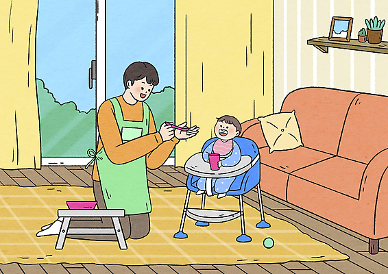 전신 PSD 남자 거실 일러스트 밥 들기 앉기 성인 두명 소파 숟가락 식사 앞치마 육아 아기 아빠 무릎꿇기 먹여주기 아기의자 남자만 육아대디 국내일러스트 음식 의자 가족 모션 수저 사람 먹기 파일형식