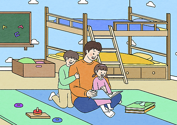 전신 PSD 여자 남자 어린이 일러스트 안기 앉기 소녀 소년 성인 책 세명 상자 장난감 독서 기댐 칠판 놀이방 육아 자녀 아빠 아이방 이층침대 육아대디 국내일러스트 가족 모션 사람 방 침대 파일형식