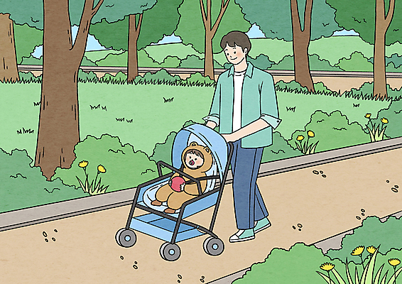 전신 PSD 공원 여자 남자 꽃 딸 일러스트 공 앉기 성인 두명 걷기 산책 산책로 육아 아기 잡기 아빠 유모차 곰돌이의상 곰옷 육아대디 국내일러스트 식물 옷 공공시설 길 가족 모션 휴식 사람 아기용품 파일형식