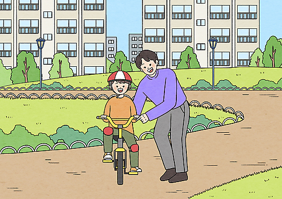 전신 PSD 공원 남자 아들 어린이 가로등 일러스트 아파트 소년 성인 두명 자전거 육아 잡기 도움 가르침 아빠 승차 헬멧 보호장비 남자만 육아대디 국내일러스트 공공시설 교육 컨셉 가족 모션 주택 사람 바이크 장비 파일형식