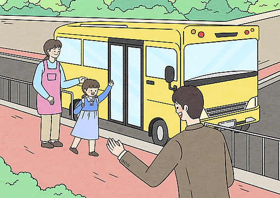 전신 PSD 여자 남자 어린이 일러스트 소녀 상반신 성인 세명 손들기 유치원 육아 아빠 스쿨버스 손인사 유치원선생님 마중 육아대디 국내일러스트 교육 가족 모션 버스 사람 교사 인사 파일형식