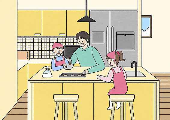 전신 PSD 여자 남자 어린이 의자 일러스트 주방용품 두건 요리 앉기 소녀 소년 상반신 성인 세명 주방 앞치마 육아 자녀 아빠 육아대디 국내일러스트 가구 생활용품 가족 모션 사람 파일형식