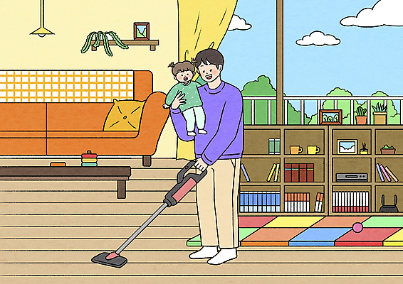 전신 PSD 여자 남자 딸 가사 거실 일러스트 안기 선반 성인 두명 소파 장난감 육아 매트 아기 아빠 청소 청소기 들어올리기 육아대디 국내일러스트 가구 의자 가족 모션 사람 전자제품 청소도구 파일형식