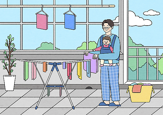 전신 PSD 남자 화분 가사 일러스트 안기 성인 두명 수건 육아 발코니 아기 아빠 빨래 빨래건조대 빨래널기 빨래바구니 남자만 아기띠 육아대디 국내일러스트 가족 모션 사람 위생용품 바구니 아기용품 빨래대 파일형식