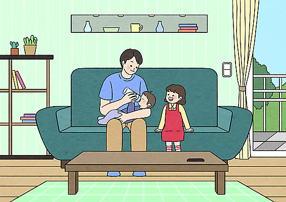 전신 PSD 응시 여자 남자 어린이 거실 일러스트 안기 탁자 선반 들기 앉기 소녀 성인 세명 소파 육아 자녀 아기 아빠 젖병 먹여주기 분유 육아대디 국내일러스트 시선 가구 의자 가족 모션 사람 아기용품 먹기 파일형식