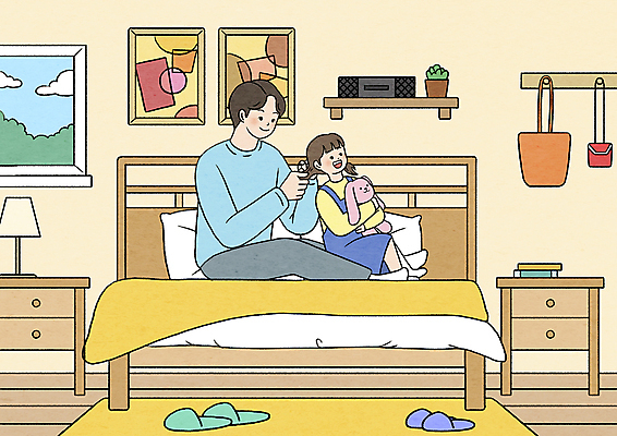 전신 PSD 여자 남자 딸 어린이 액자 가사 가방 일러스트 안기 선반 슬리퍼 앉기 소녀 성인 두명 노란색 육아 매트 침대 아빠 묶기 머리손질 머리끈 안방 육아대디 국내일러스트 잡화 컬러 가구 신발 장신구 가족 모션 사람 뷰티 파일형식