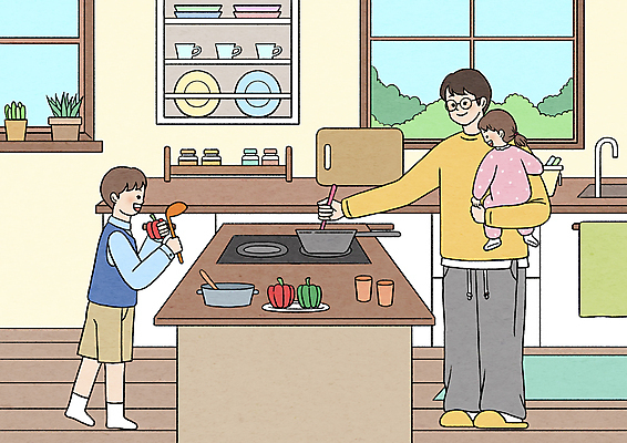 전신 PSD 그릇 여자 남자 딸 아들 어린이 가사 일러스트 안기 주방용품 피망 파프리카 요리 소녀 소년 성인 세명 주방 육아 아빠 국자 들어올리기 육아대디 국내일러스트 식기 생활용품 채소 가족 모션 사람 파일형식