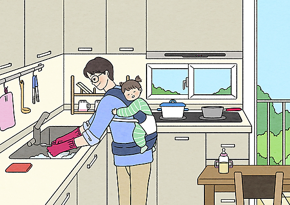 전신 PSD 여자 남자 딸 가사 일러스트 탁자 상반신 성인 두명 주방 육아 아기 잠 아빠 젖병 설거지 업기 고무장갑 분유 아기띠 육아대디 국내일러스트 가구 장갑 가족 모션 사람 아기용품 고무 파일형식