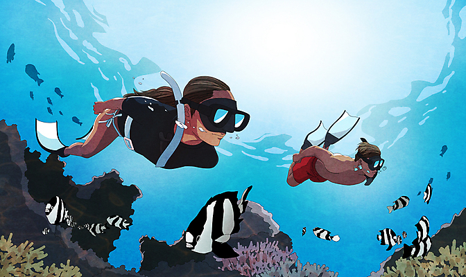 전신 PSD 여자 남자 수영복 바다 일러스트 어류 성인 두명 바닷속 수영 스노클링 산호초 물안경 오리발 열대어 잠수 성인만 프리다이빙 국내일러스트 옷 사람 수중 수중동물 수상스포츠 수중식물 수영용품 파일형식