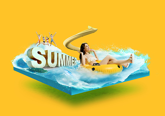 전신 PSD 편집이미지 여자 남자 수영복 파도 바다 앉기 여러명 20대 성인 여름 노란색 손들기 점프 한국인 튜브 워터슬라이드 성인만 이미지편집 옷 계절 컬러 다수 모션 사람 동양인 청년 파일형식