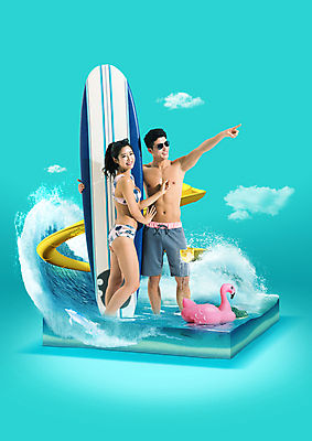 전신 PSD 편집이미지 커플 여자 남자 수영복 파도 바다 하늘색 서기 성인 두명 여름 30대 선글라스 한국인 가리킴 잡기 서핑보드 워터슬라이드 성인만 플라밍고튜브 이미지편집 옷 계절 안경 관계 모션 사람 동양인 손짓 장년 파란색 보드_스포츠 튜브 파일형식