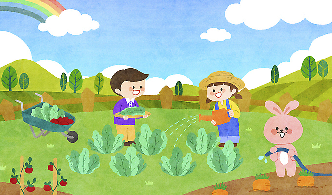 전신 PSD 구름 한마리 여자 남자 어린이 동물캐릭터 무지개 토마토 채소 일러스트 하늘 서기 들기 소녀 소년 두명 울타리 농사 당근 물뿌리개 토끼 밀짚모자 어린이상상 물뿌리기 물호스 외발수레 텃밭 어린이만 국내일러스트 일러캐릭터 자연요소 동물 캐릭터 모자_잡화 1 밭 농업 포유류 모션 상상 뿌리채소 사람 담장 반려동물 수레 호스 파일형식