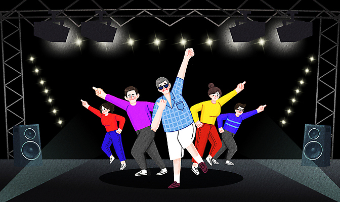 전신 PSD 여자 할아버지 노년 남자 포즈 일러스트 함께함 여러명 청년 성인 선글라스 검은색 스피커 콘서트 무대 춤 즐거움 소통 공연조명 국내일러스트 감정 안경 컬러 음향기기 다수 컨셉 문화예술 사람 공연 파일형식