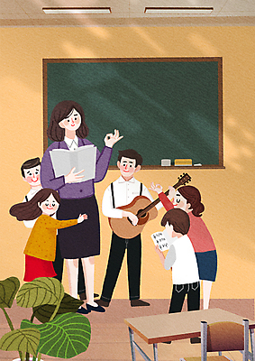 전신 PSD 학생 여자 남자 어린이 잎 연주 의자 일러스트 교실 학교 포옹 함께함 서기 들기 소녀 소년 여러명 상반신 성인 책 교사 칠판 기타 OK 책상 악보 소통 사제 사제지간 국내일러스트 식물 직업 교육 음악 가구 다수 컨셉 안기 모션 현악기 사람 손짓 파일형식