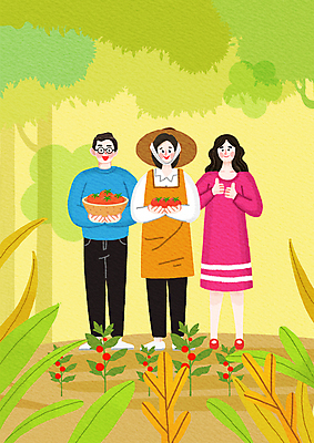 전신 PSD 여자 남자 토마토 일러스트 함께함 서기 들기 성인 세명 노란색 바구니 앞치마 풀 농부 고객 밀짚모자 따봉 소통 성인만 안경낌 로컬푸드 토마토밭 국내일러스트 식물 직업 모자_잡화 안경 컬러 컨셉 밭 채소 모션 사람 농산물 최고 파일형식