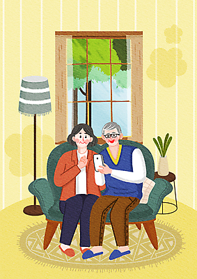 전신 PSD 여자 할아버지 노년 남자 화분 할머니 일러스트 창문 함께함 실내 웃음 들기 앉기 두명 소파 노부부 카펫 스탠드 소통 반가움 영상통화 화상통화 노인만 국내일러스트 부부 감정 컨셉 의자 모션 조명 표정 사람 성인 내부 통화 성인만 파일형식