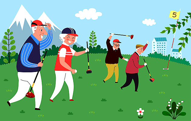 전신 나무 구름 여자 할아버지 노년 남자 꽃 할머니 골프 일러스트 골프장 필드 레저 산 대화 웃음 들기 여러명 취미 야외 건물 걷기 골프채 골프웨어 즐거움 골프깃발 담소 노인만 파크골프 국내일러스트 AI파일 자연요소 식물 건축물 옷 감정 다수 스포츠시설 모션 골프용품 표정 말하기 사람 성인 구기 깃발 성인만 파일형식 벡터