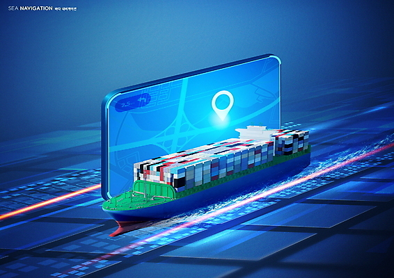 PSD 편집이미지 바다 이동 지도 항해 사람없음 파란색 스마트폰 컨테이너 화물선 위치 약도 네비게이션 컨테이너상자 이미지편집 산업 컬러 컨셉 배_교통 핸드폰 스마트기기 상자 파일형식
