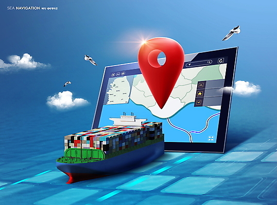 PSD 구름 편집이미지 바다 이동 갈매기 항해 세마리 사람없음 파란색 빛 모니터 화물선 위치 약도 네비게이션 이미지편집 자연요소 컬러 컨셉 지도 배_교통 조류 3 컴퓨터 파일형식