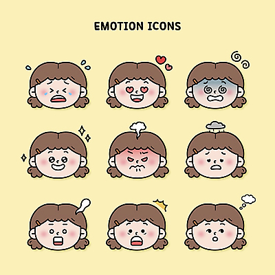 여자 감정 얼굴 어린이 생각 일러스트 상상 양갈래머리 표정 사랑 웃음 소녀 여러명 반짝임 희망 놀람 슬픔 분노 짜증 하트 눈물 먹구름 고민 어지러운 우울감 현기증 흥미 소녀만 국내일러스트 AI파일 모양 헤어스타일 다수 컨셉 모션 사람 신체부위 증상 여자만 어린이만 파일형식 벡터 구름_자연
