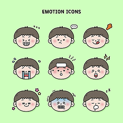 남자 행복 감정 얼굴 어린이 말풍선 생각 일러스트 표정 입벌림 미소 웃음 소년 여러명 눈감음 치킨 놀람 고통 추위 환자 슬픔 잠 졸음 배고픔 눈물 즐거움 메롱 충격 고열 물수건 입맛 소년만 못마땅 땀흘리기 국내일러스트 AI파일 다수 컨셉 의학 모션 사람 신체부위 온도 닭고기요리 남자만 어린이만 파일형식 벡터