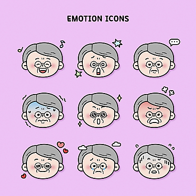 할아버지 노년 남자 행복 감정 얼굴 말풍선 음표 일러스트 표정 사랑 미소 웃음 여러명 놀람 슬픔 분노 짜증 하트 찡그림 눈물 즐거움 충격 당황 떨림 오한 우울감 흥미 힘듦 노인남자만 안경낌 못마땅 국내일러스트 AI파일 모양 기호 안경 음악 다수 컨셉 모션 사람 성인 신체부위 증상 남자만 노인만 파일형식 벡터