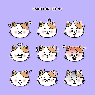 행복 감정 얼굴 여러마리 일러스트 표정 어류 미소 웃음 사람없음 고양이 놀람 분노 짜증 잠 찡그림 좌절 졸음 배고픔 즐거움 충격 삐침 곁눈질 눈치 시무룩 입맛 힘듦 못마땅 국내일러스트 AI파일 다수 컨셉 포유류 신체부위 반려동물 수중동물 파일형식 벡터
