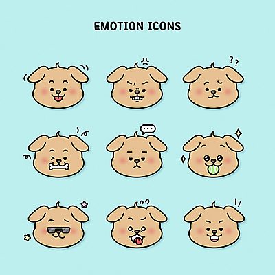 감정 얼굴 말풍선 생각 여러마리 일러스트 무표정 표정 윙크 미소 사람없음 선글라스 희망 놀람 분노 짜증 강아지 물기 테니스공 즐거움 호기심 입내밀기 당황 의문 간지 의심 개뼈다귀 멋 멋쟁이 흥미 못마땅 의아 국내일러스트 AI파일 안경 다수 컨셉 공 모션 신체부위 반려동물 테니스용품 개 애견간식 파일형식 벡터