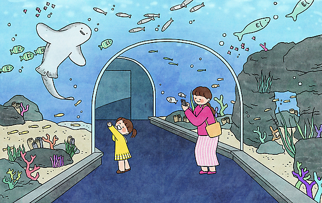 전신 PSD 응시 여자 딸 어린이 여러마리 일러스트 가족 모녀 엄마 어류 서기 들기 소녀 성인 두명 스마트폰 소풍 사진촬영 돌_바위 해초 구경 수족관 아쿠아리움 손뻗기 여자만 물고기떼 국내일러스트 시선 다수 관계 모션 사람 핸드폰 스마트기기 야외활동 촬영 수중동물 해조류 파일형식